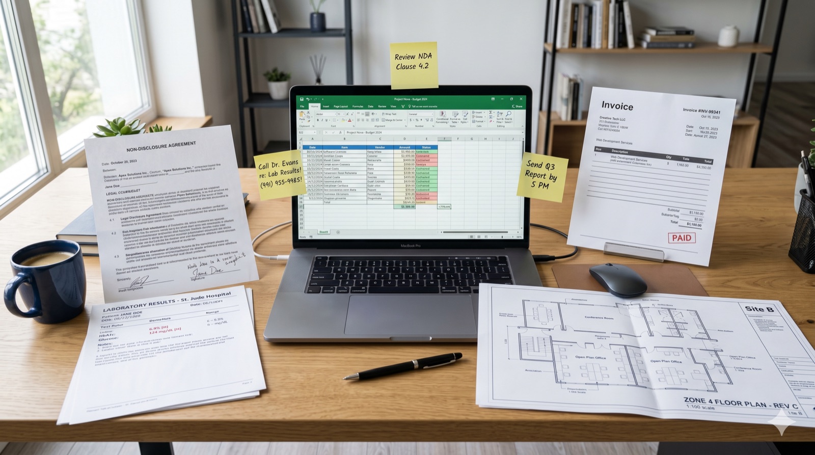 Mesa com laptop e documentos de varios setores, a dor de unir tudo